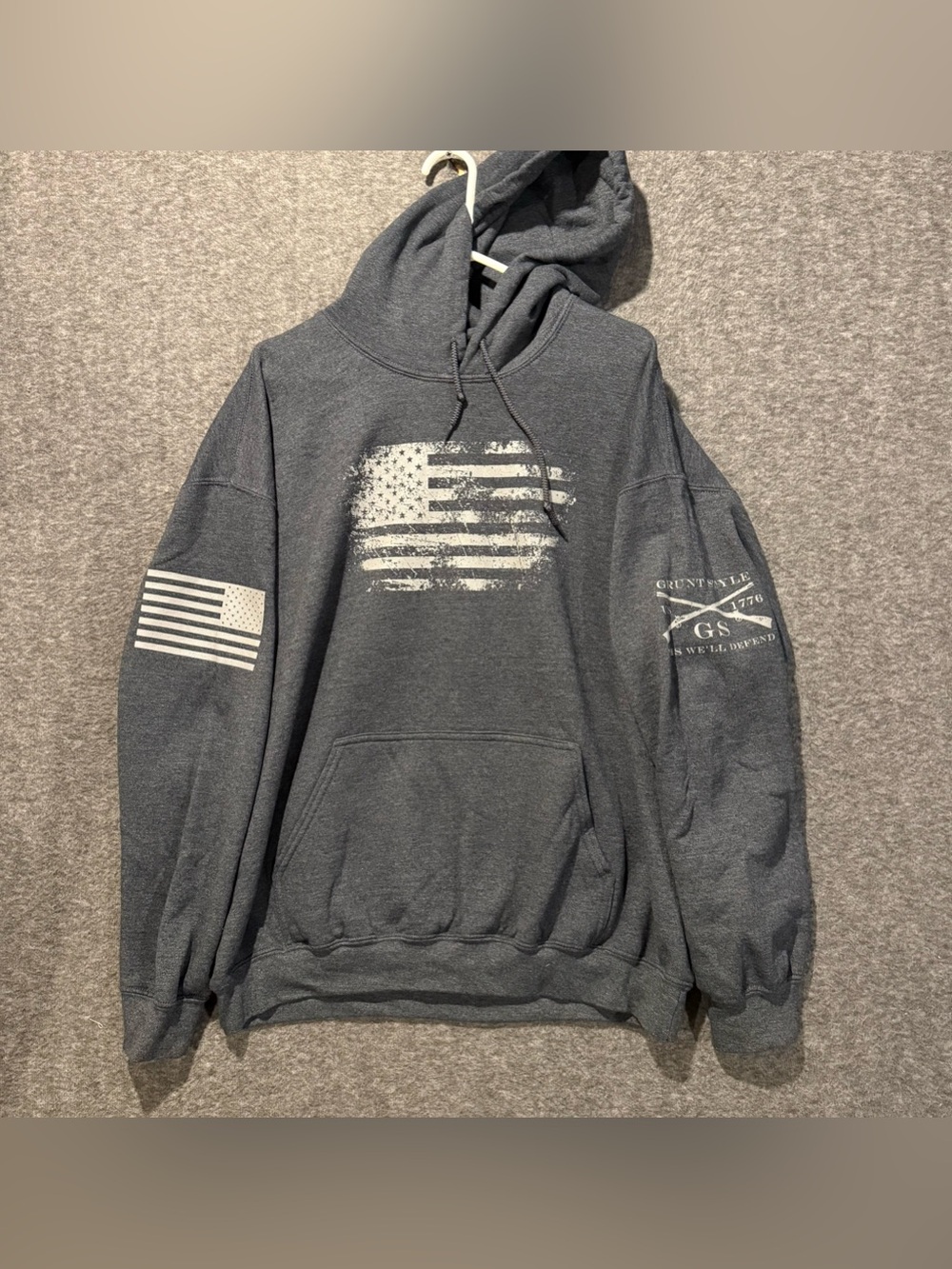 Grunt Style Hoodie Mens XL Gray USA Flag Graphic Comfort Soft Sweatshirt Nice!
